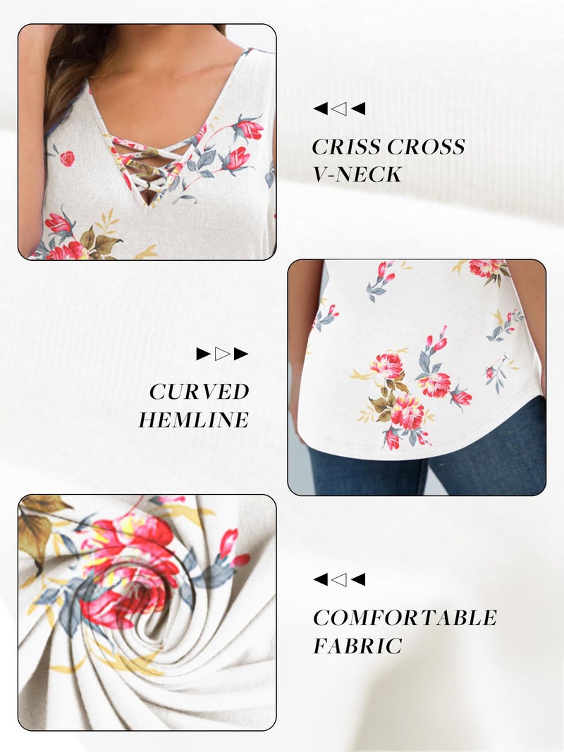 Feiersi Women's Sleeveless Criss Cross Print Casual Tank Tops Basic Blouse(Floral White,XX-Large) - Image 4